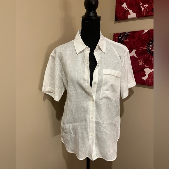 Lafayette 148 New York Sublime Justice Linen Collared Short Sleeve Blouse, sz M - Picture 2 of 6